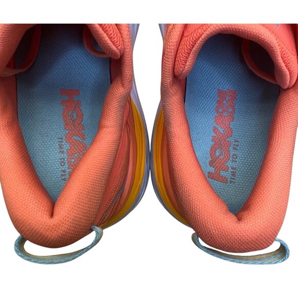 Hoka Women’s Coral & Yellow Mesh Bondi 7 Cushioned Running Shoes Trainers Size 9 - Picture 7 of 8